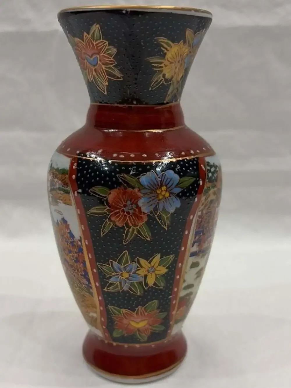 Vintage Japanese Satsuma Style Porcelain Bud Vase  Geisha Motif  Gold Accents